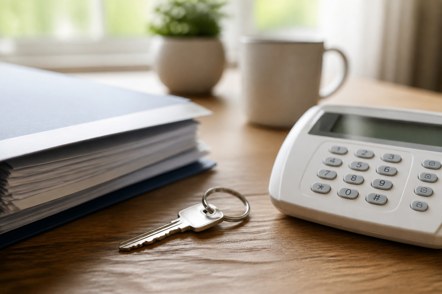 Insurance paperwork and a security keypad on a desk