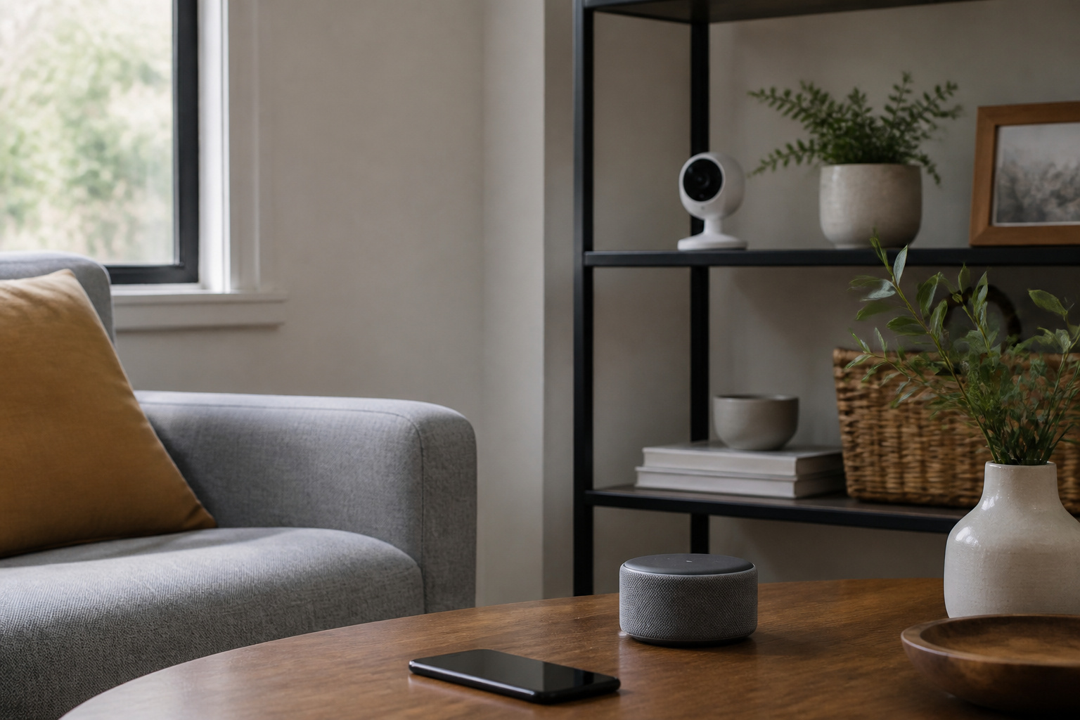 Indoor camera and smart speaker in a living room