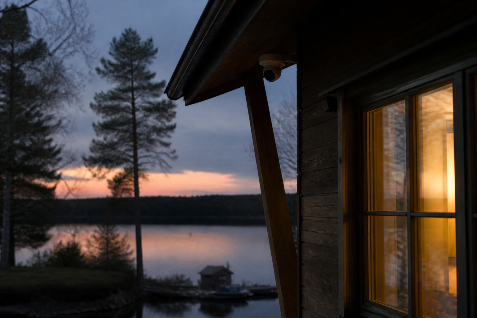 Vacation cabin at dusk with a security camera