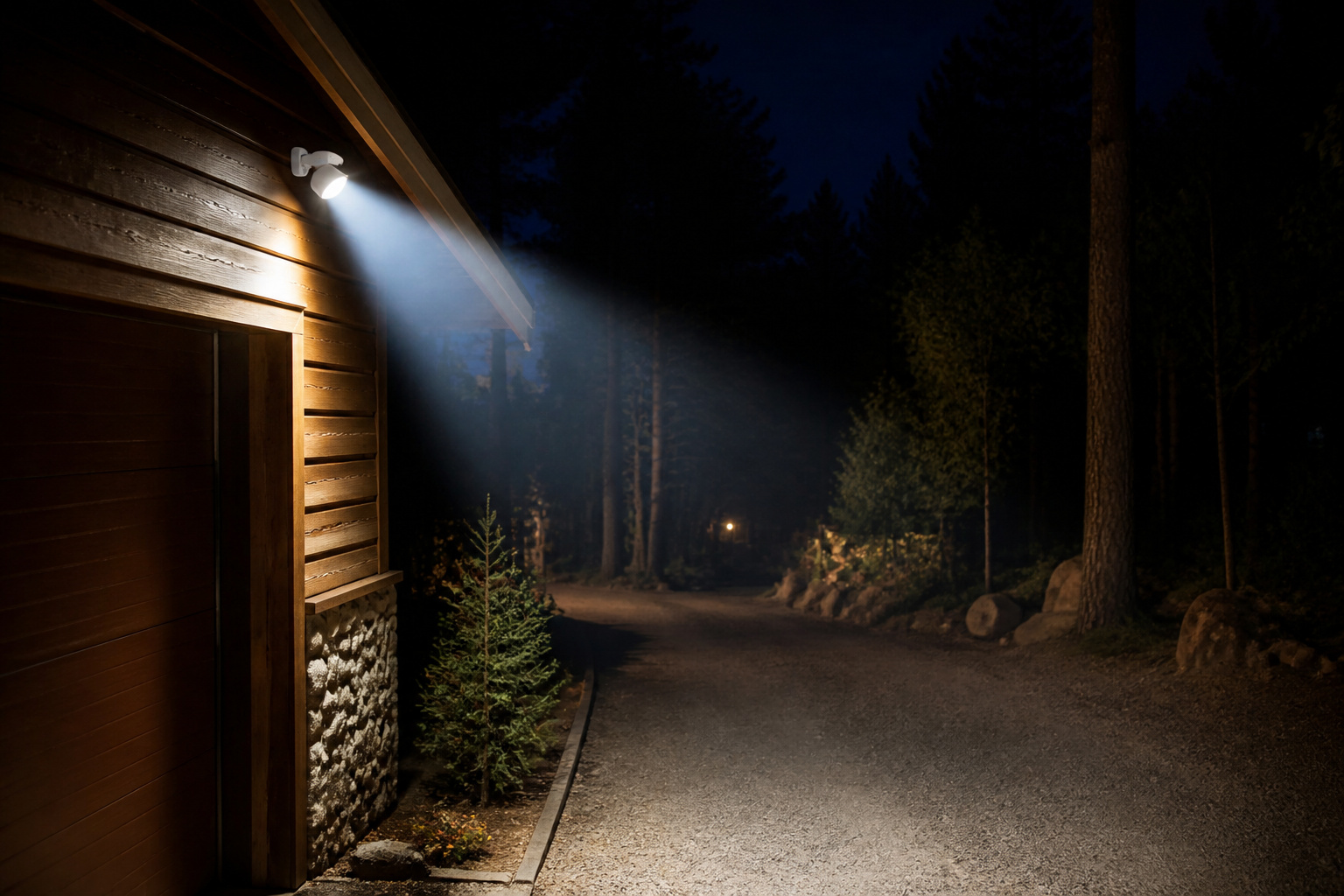 Floodlight camera on a cabin at night