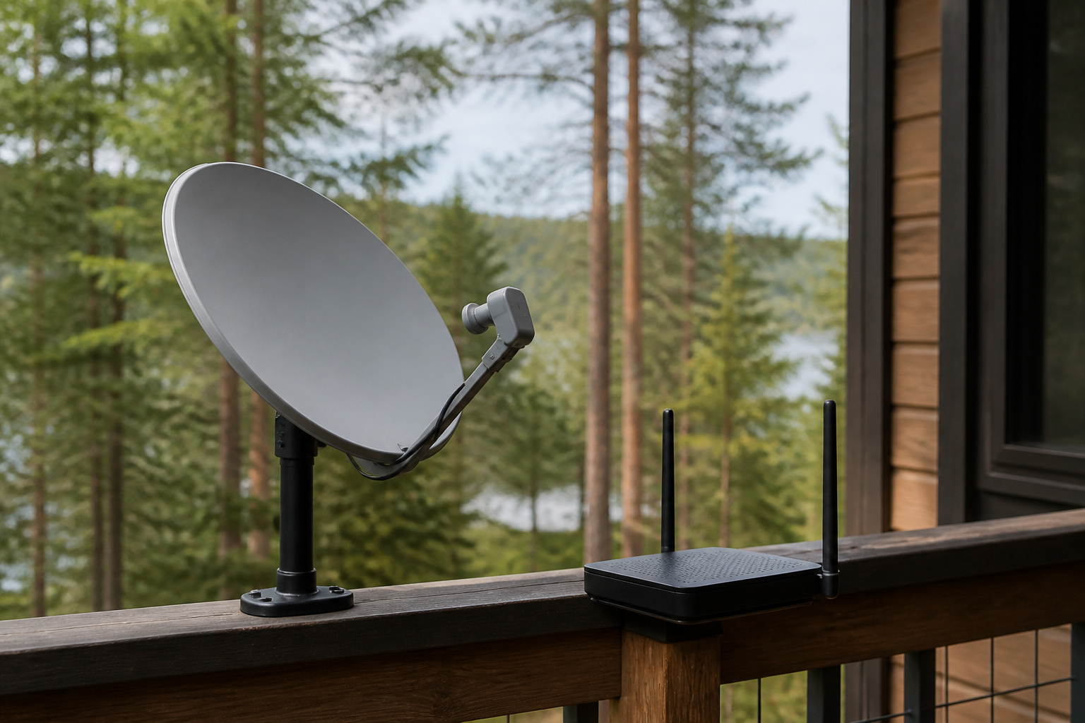 Satellite dish and router at a remote cabin
