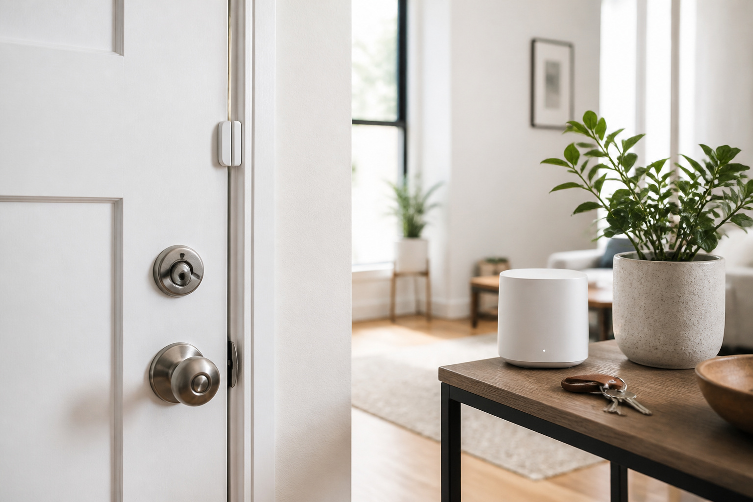 Small apartment entryway with a wireless door sensor and security base station on a console table