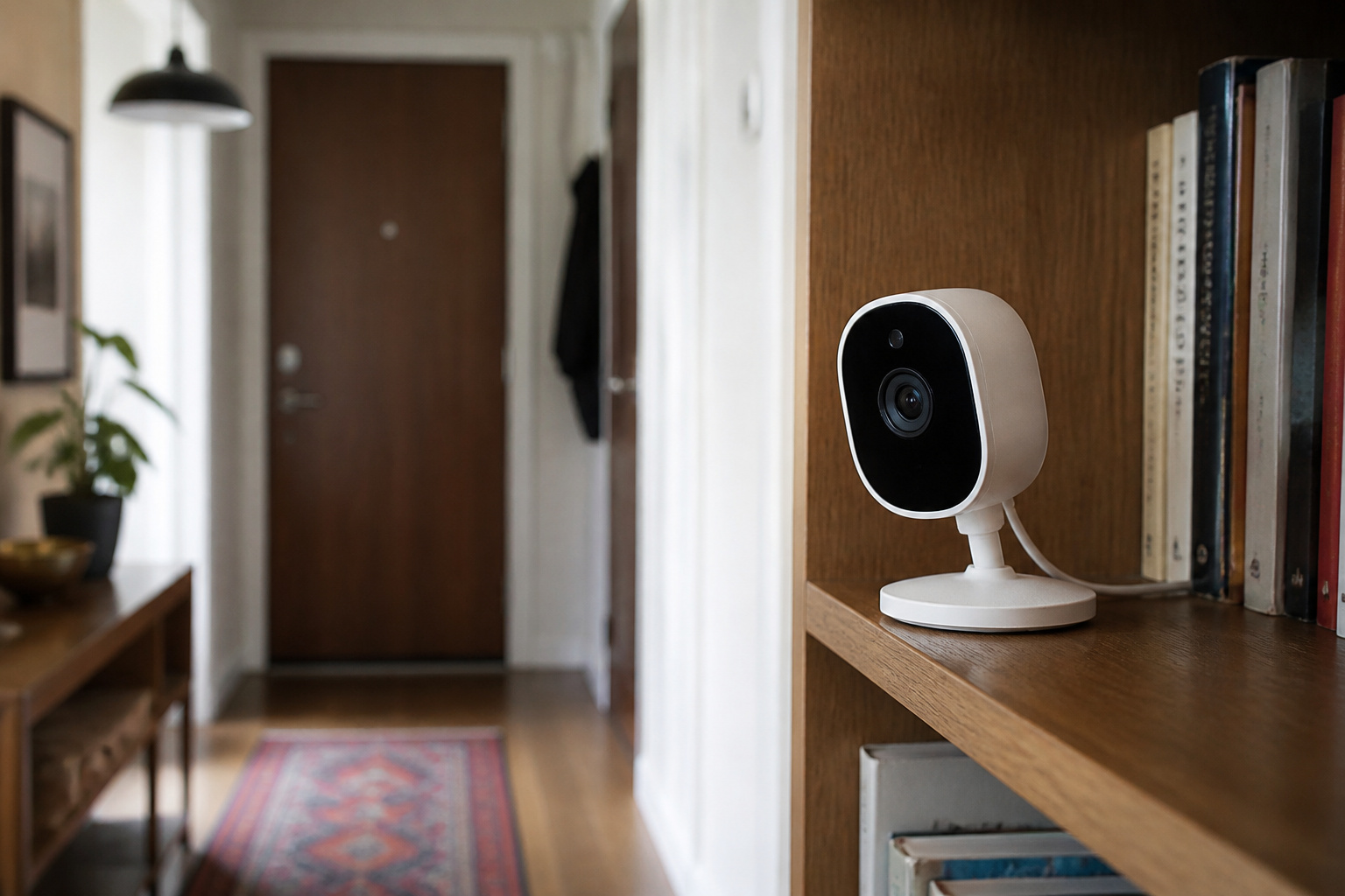 Indoor security camera on a shelf facing an apartment entry door