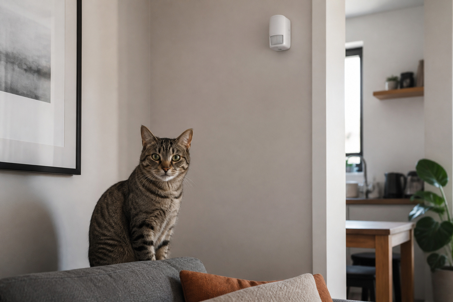 Cat on a sofa below a wall-mounted motion sensor in an apartment