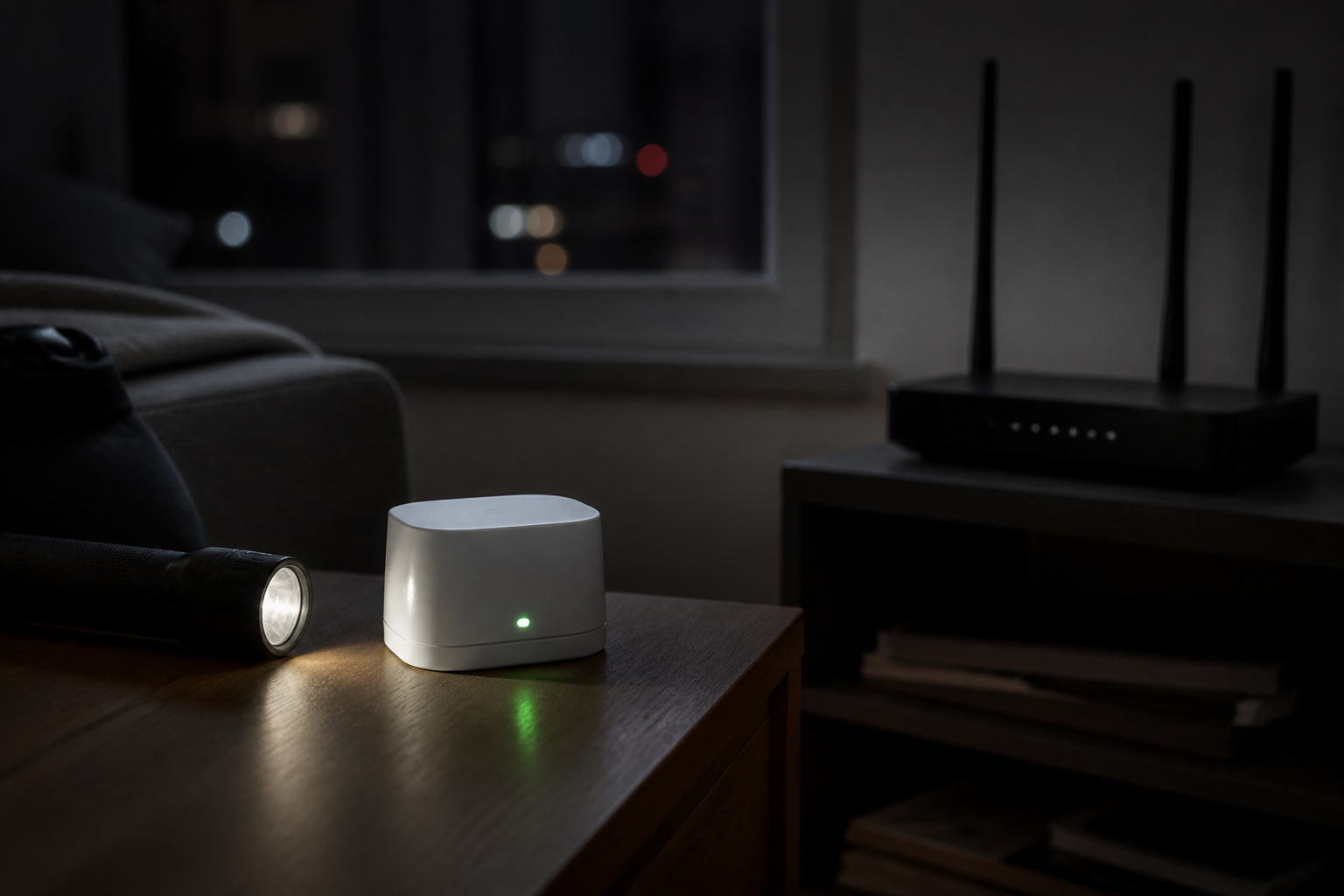Security base station with a status light on during a power outage in an apartment