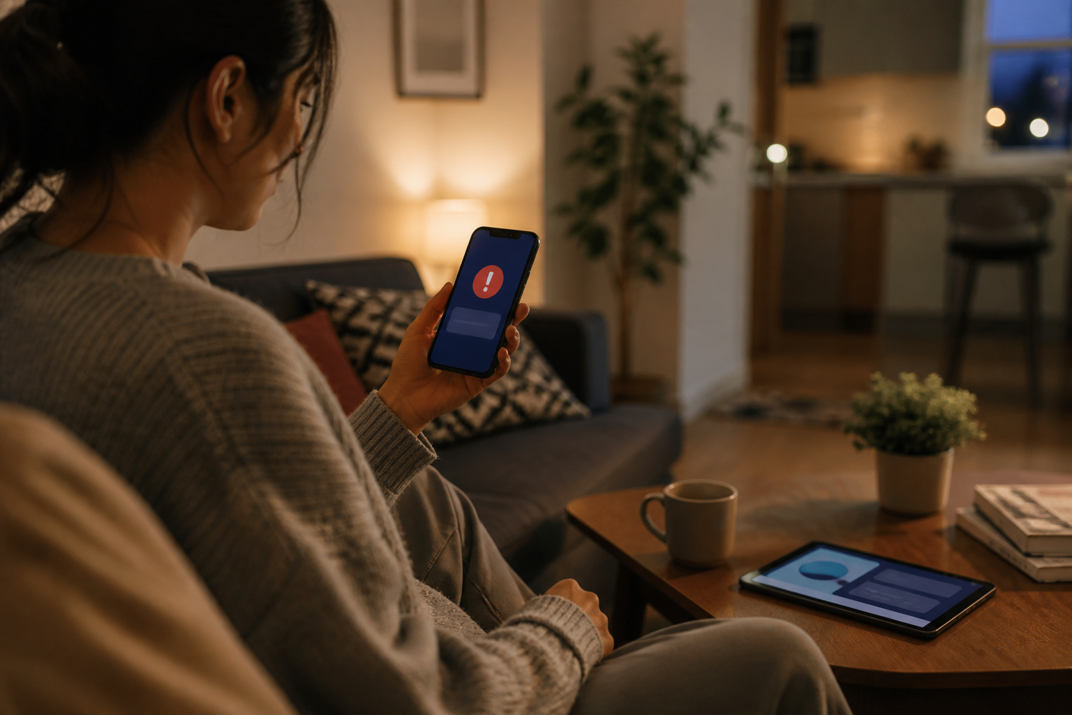 Person checking a security alert notification on a smartphone in a small apartment