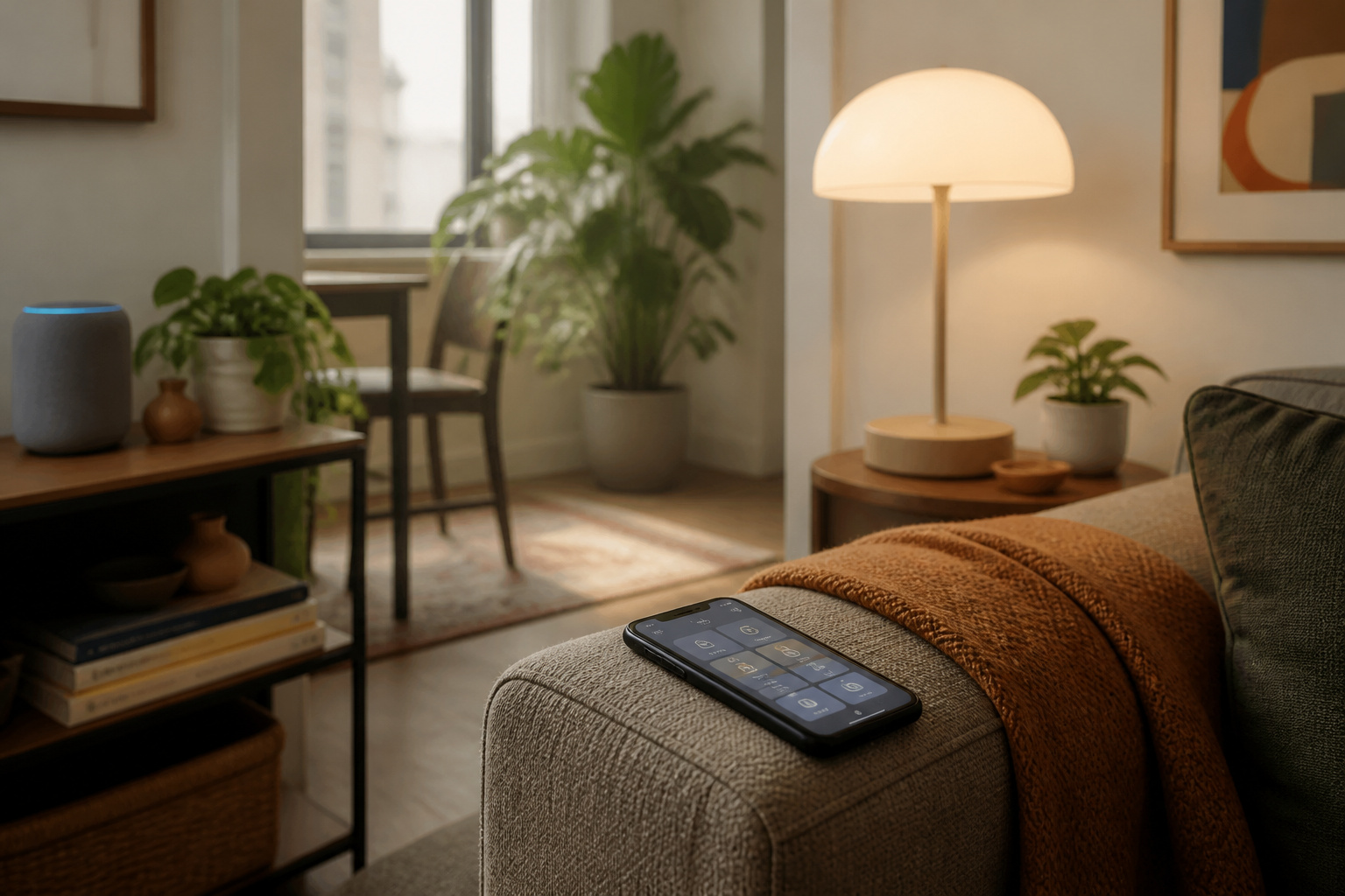 Apartment living room with a smart speaker and phone controlling connected devices