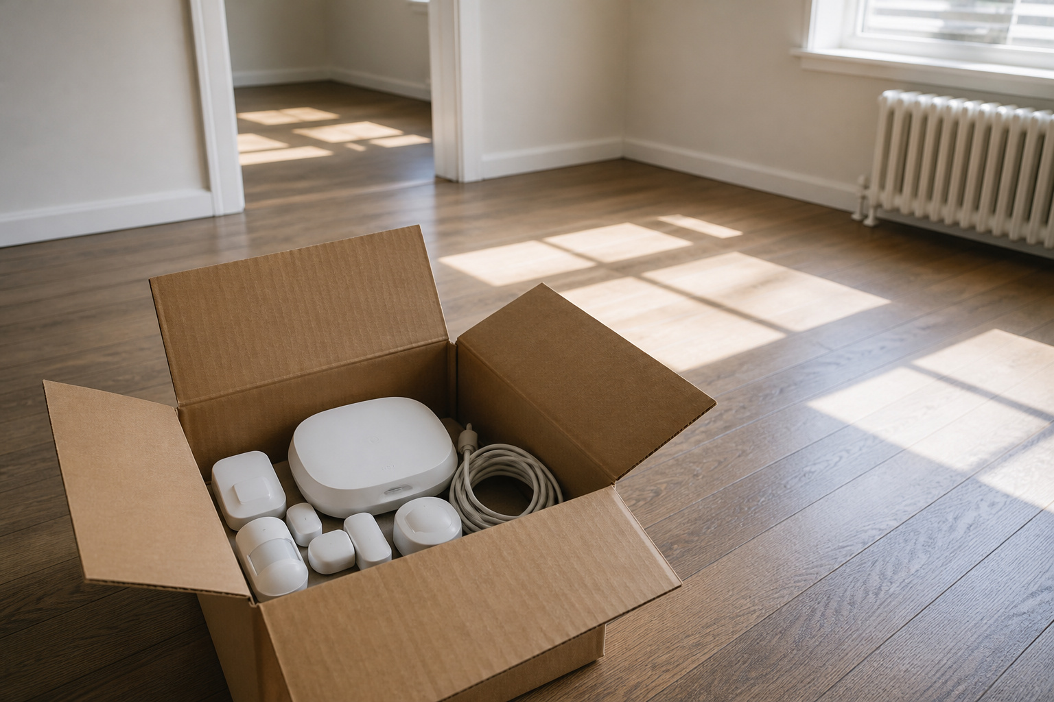 Moving box holding security sensors and a base station in an empty apartment