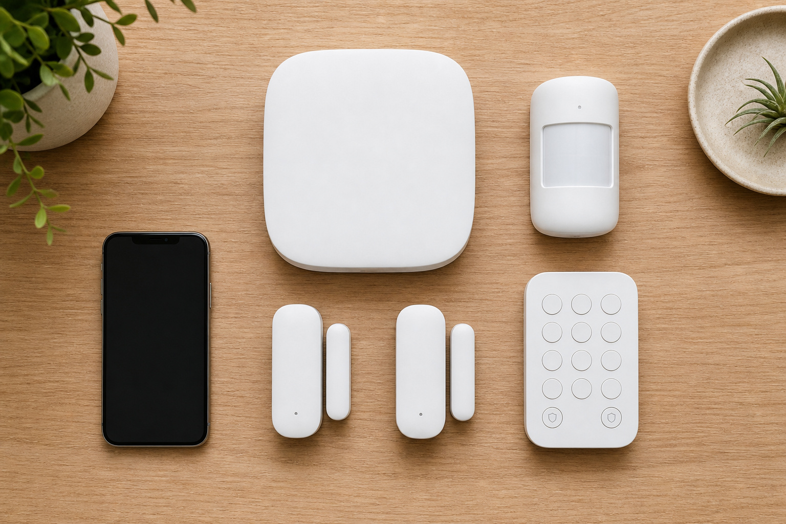 Flat lay of a base station, door sensors, motion sensor, and keypad from a security starter kit