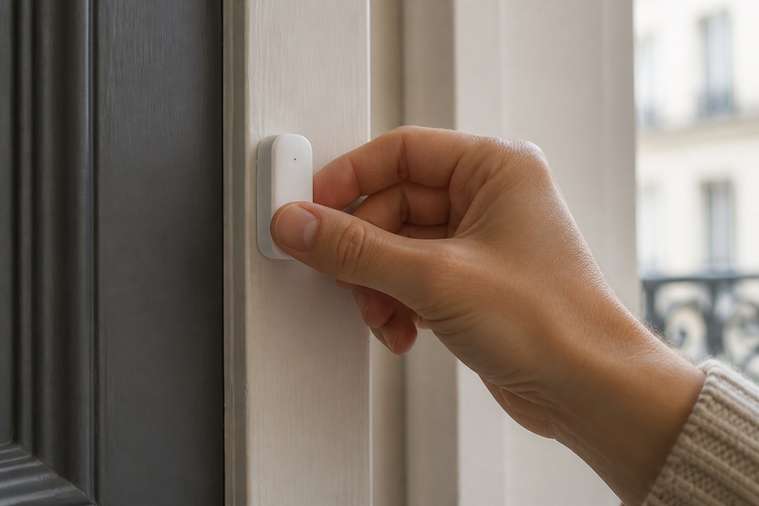 Hand applying an adhesive wireless door sensor to an apartment door frame