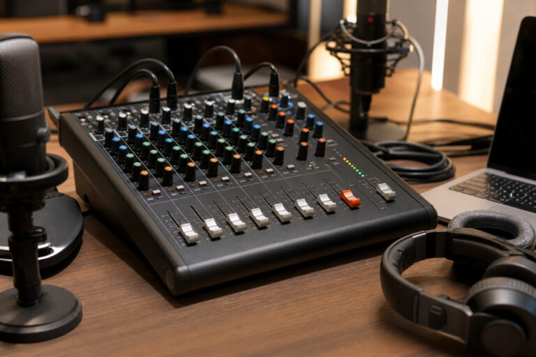Compact analog mixer on a studio desk with microphones and headphones