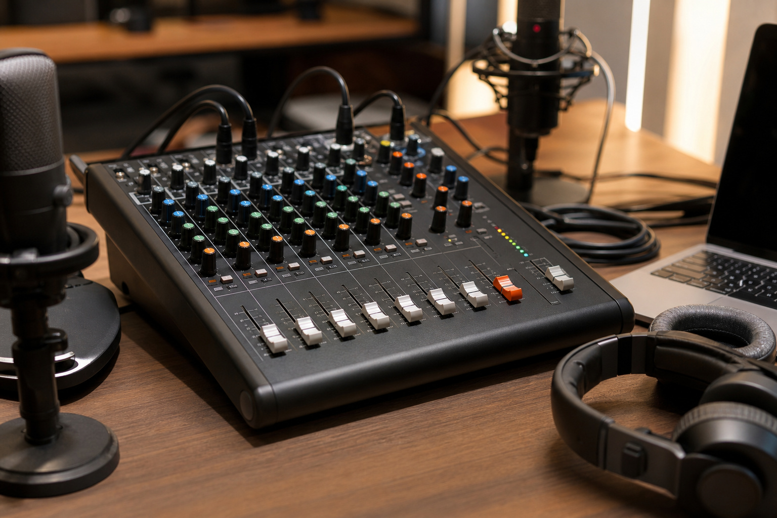Compact analog mixer on a studio desk with microphones and headphones
