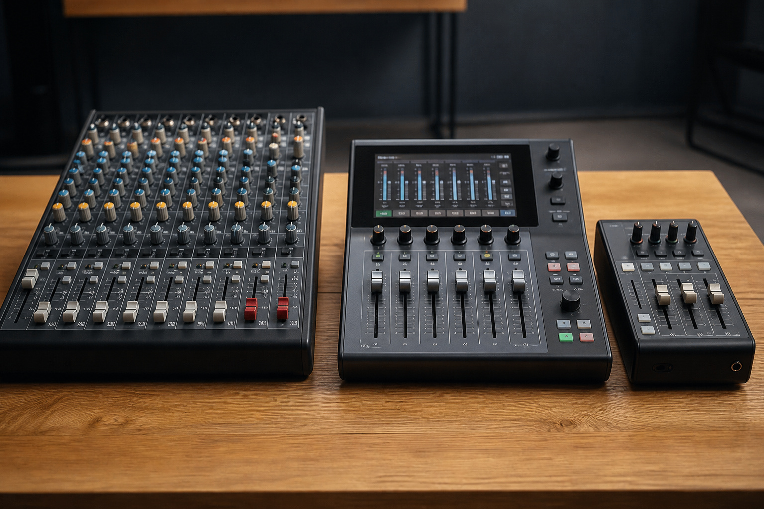 Analog, digital, and USB mixers side by side
