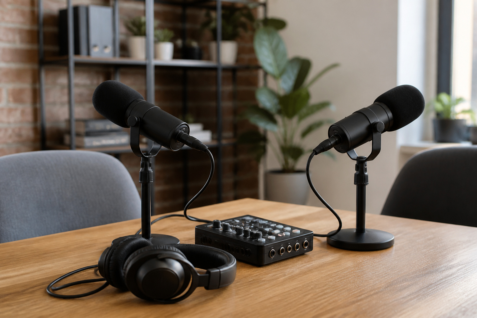 Podcast setup with microphones and a small mixer