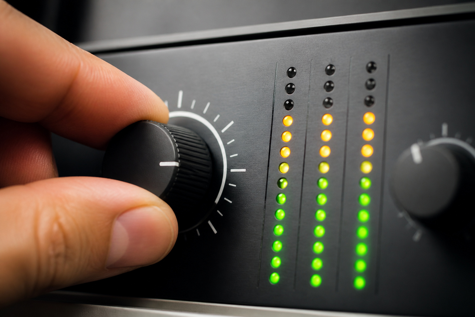 Hand turning a gain knob with level meter lights