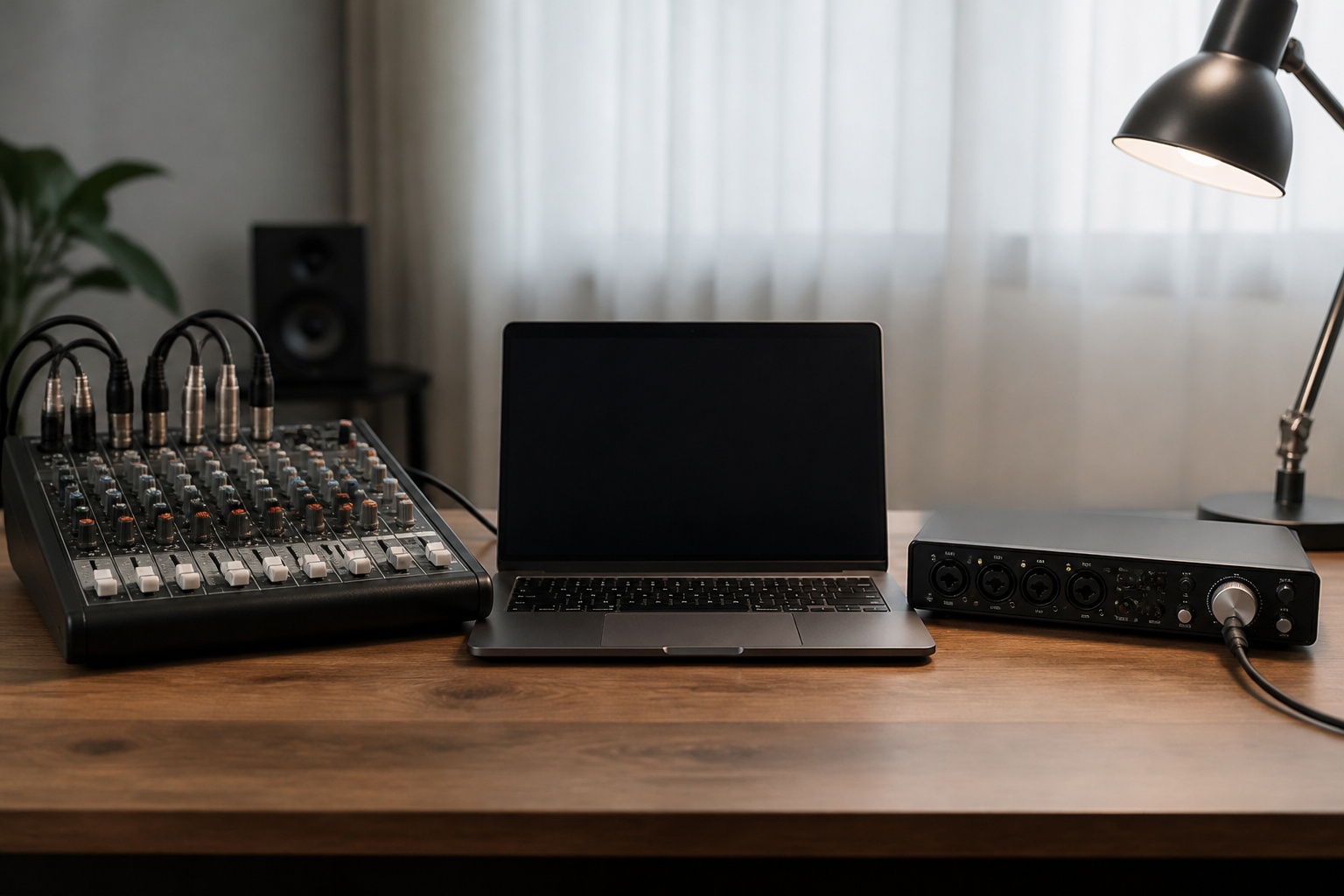 Mixer and audio interface side by side with a laptop