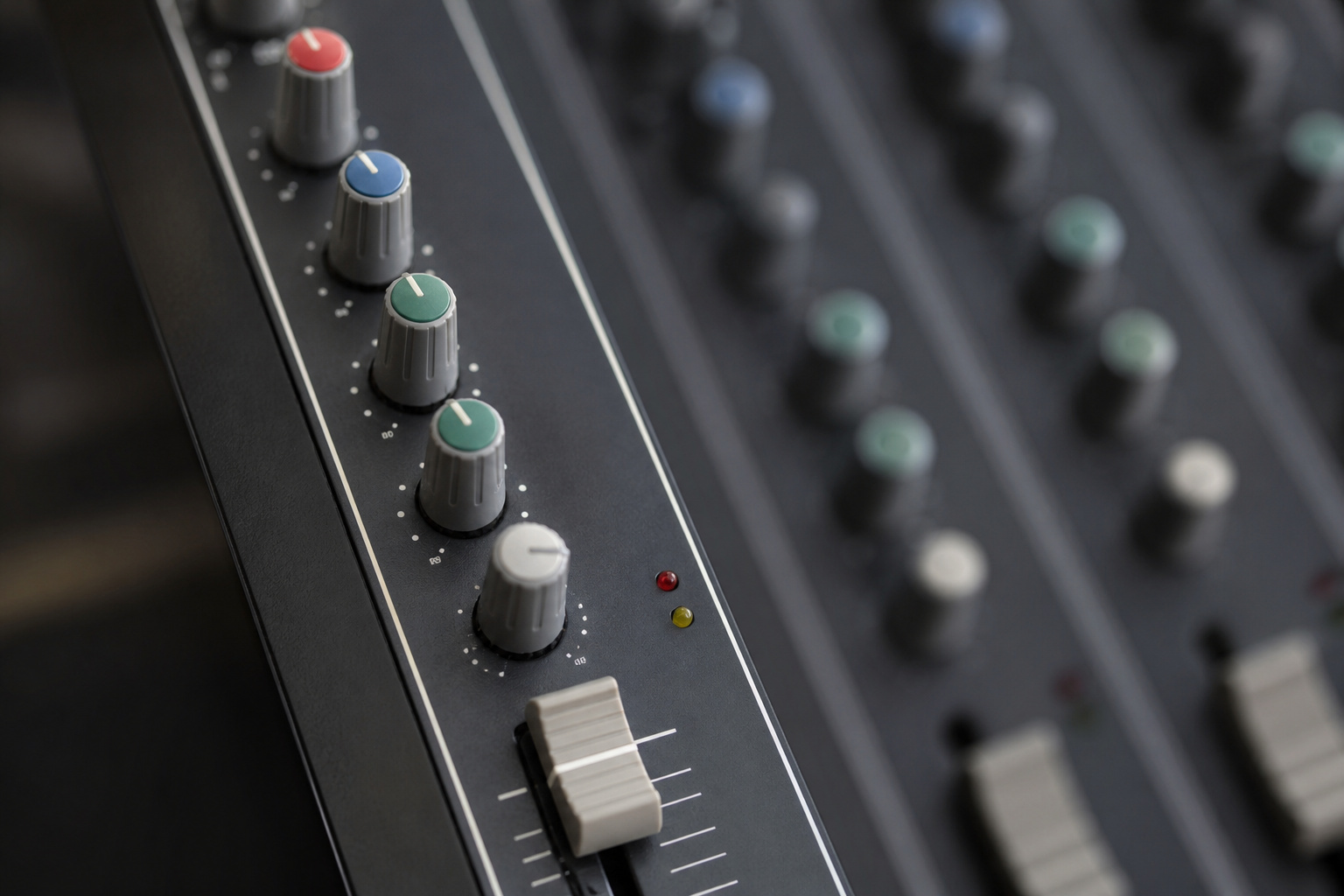 Close-up of a mixer channel strip