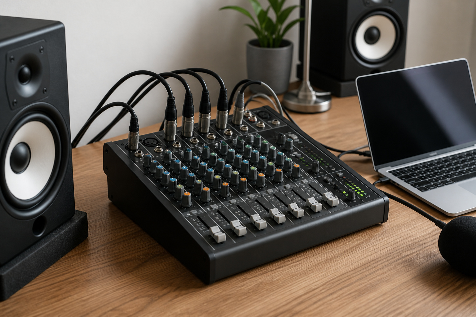 Mixer with multiple sources connected on a studio desk