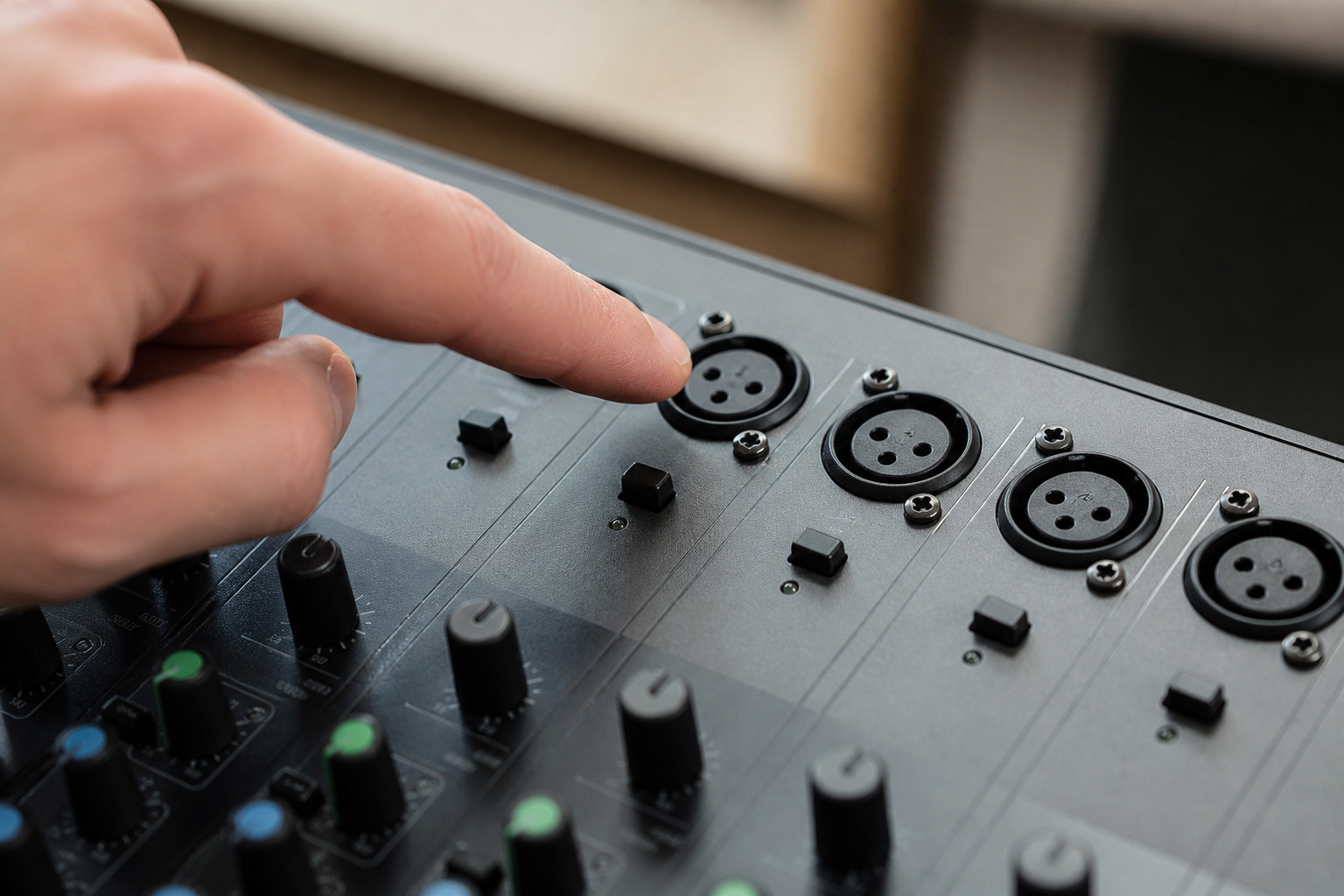 Hand pointing at the XLR inputs on a mixer