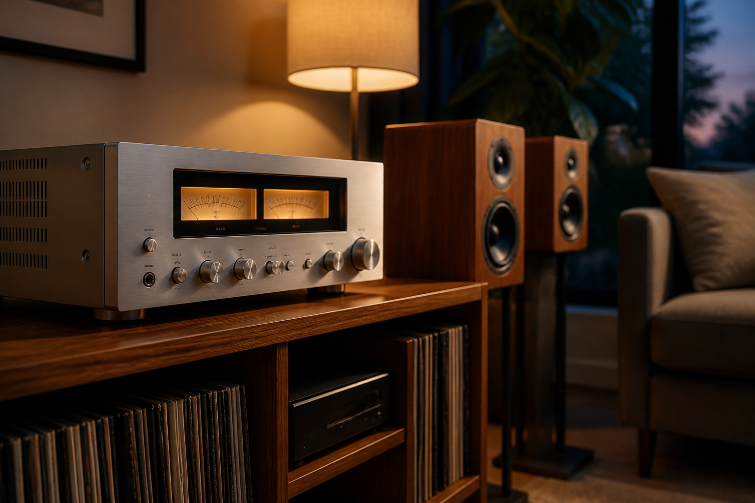 Stereo amplifier beside bookshelf speakers in a living room