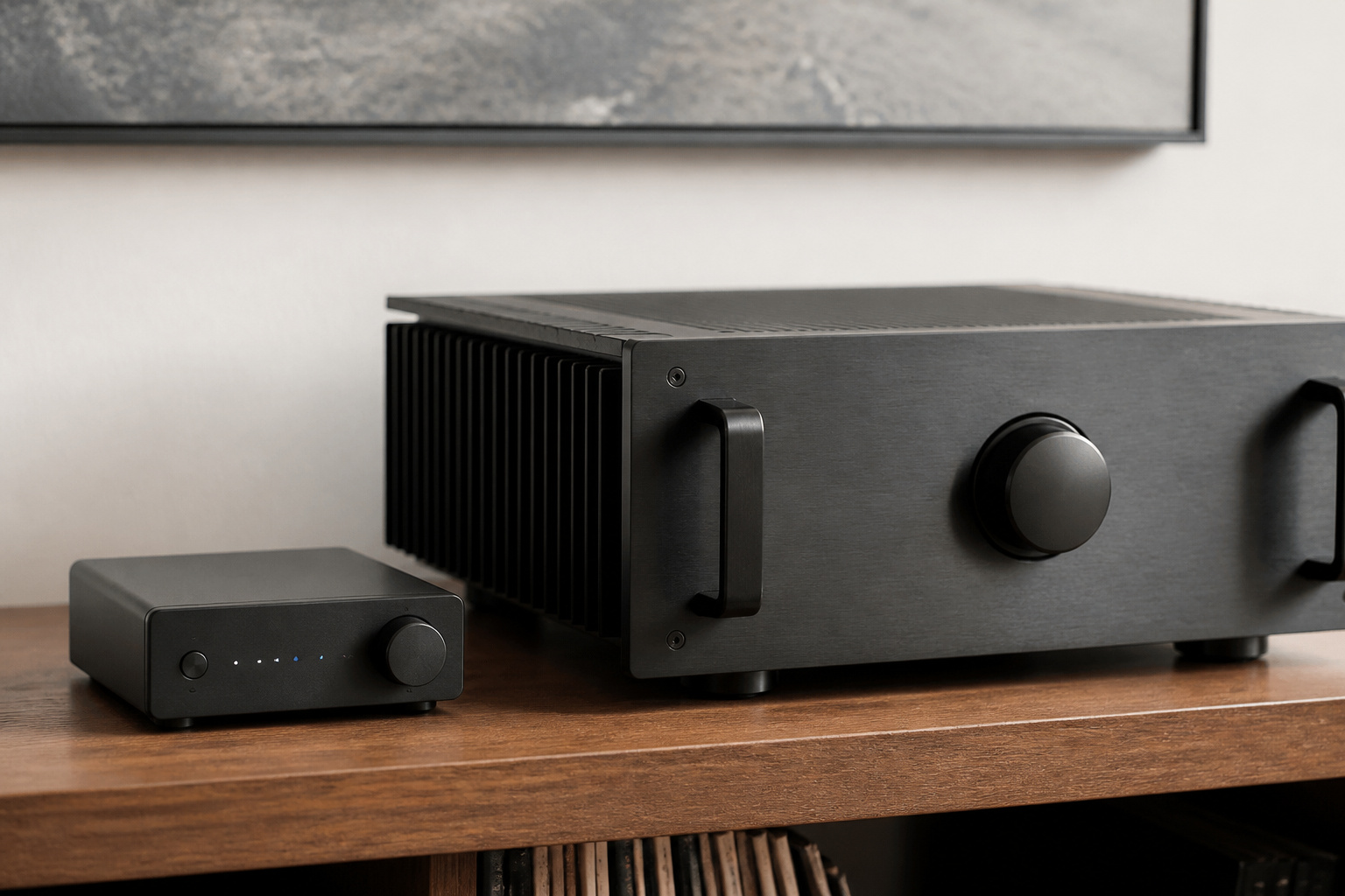 Compact amplifier next to a large heavy amplifier