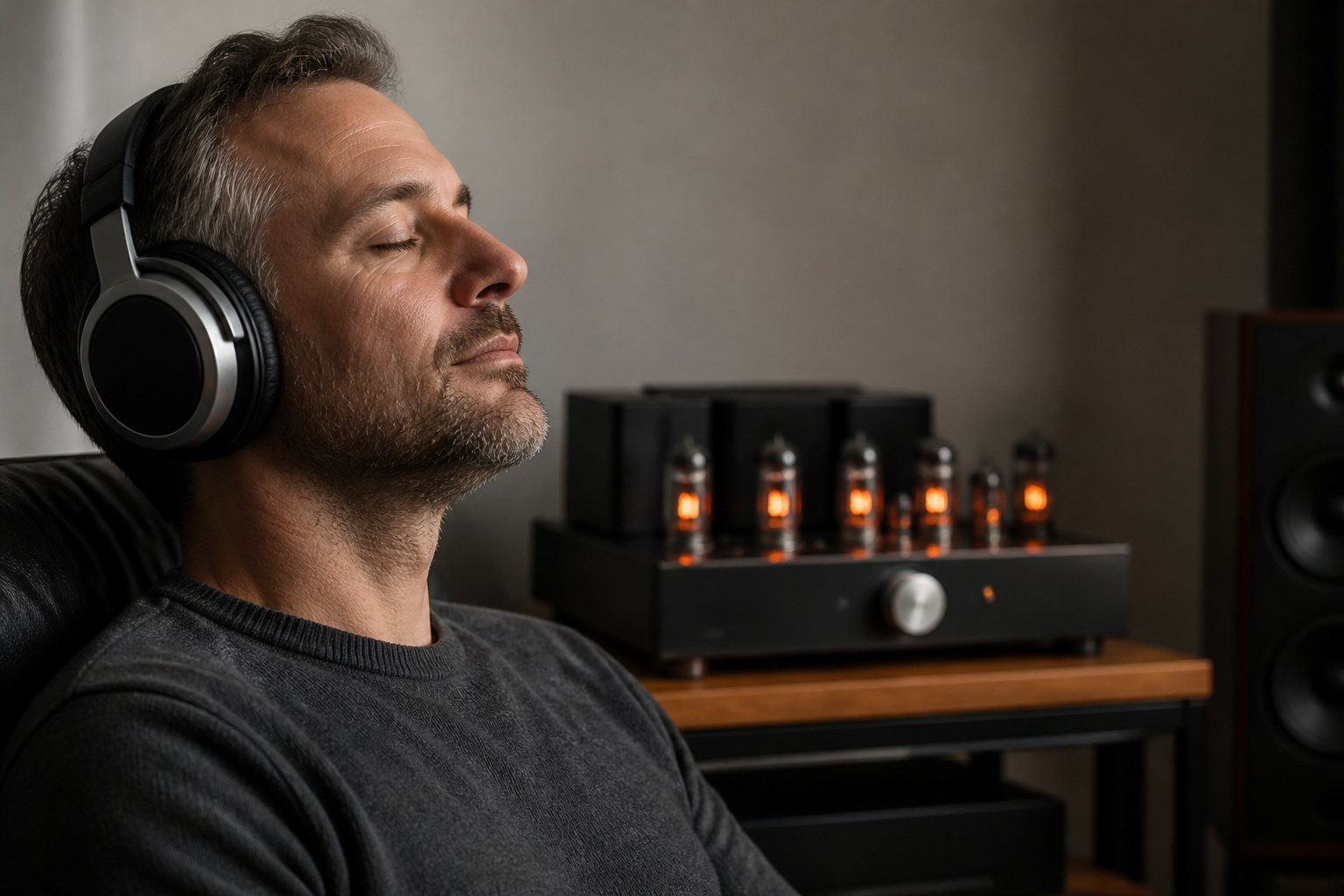 Listener in a quiet room with an amplifier glowing behind