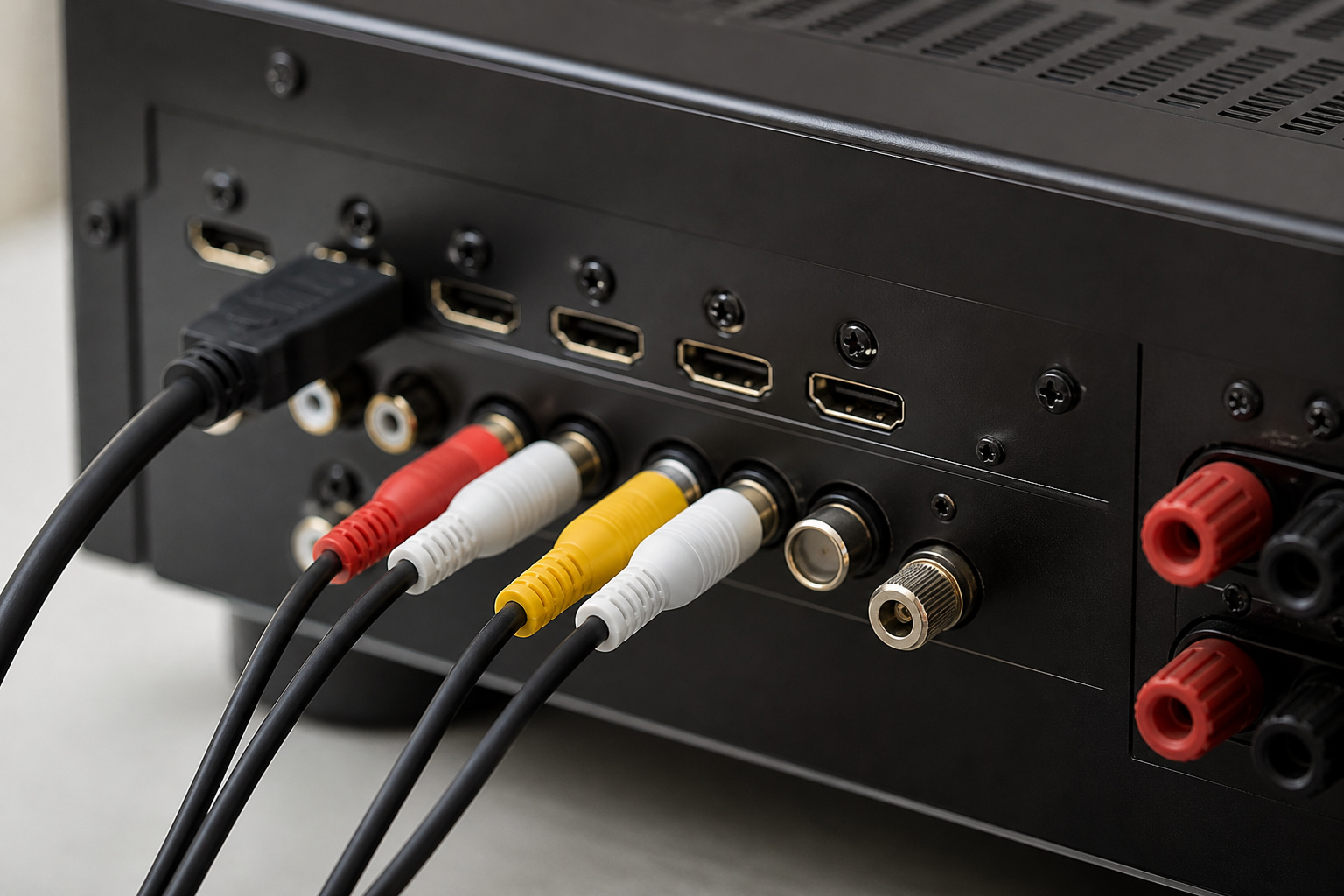 Back panel of a receiver with cables plugged in