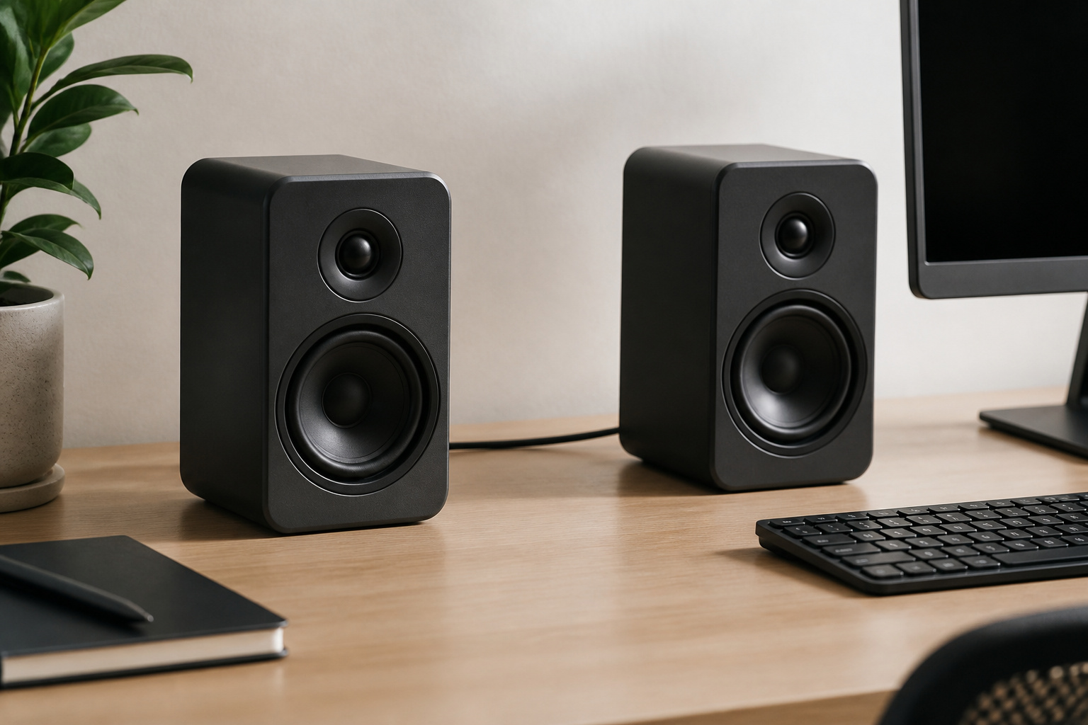 Pair of powered desktop speakers on a desk
