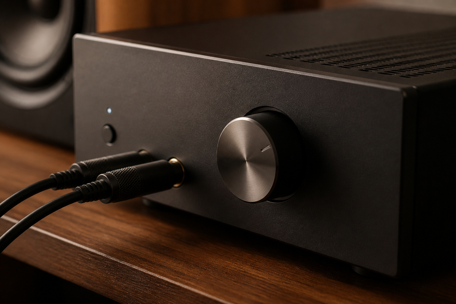 Amplifier with a volume knob and cables
