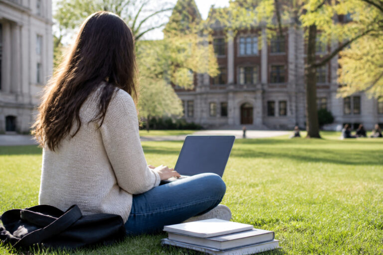 College student with a laptop and books on a campus lawn