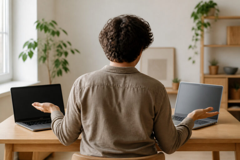 Person choosing between two laptops on a table