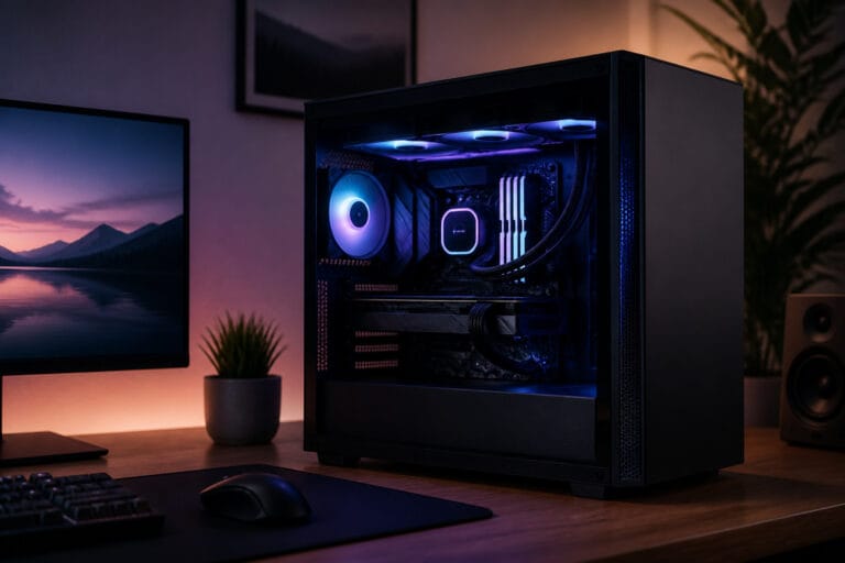 Gaming desktop tower with interior lighting beside a monitor