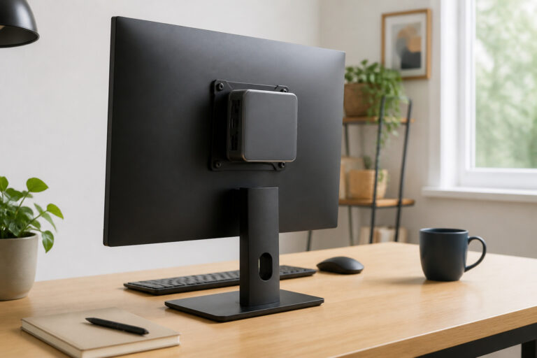 Mini PC on a small tidy desk beside a monitor