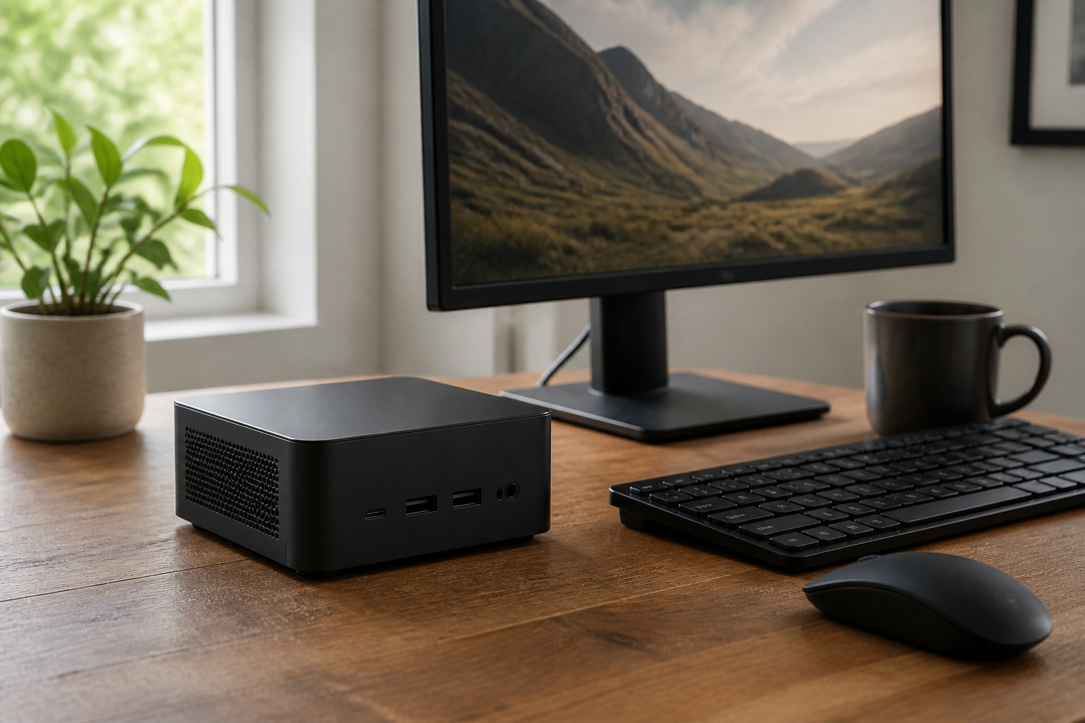 Small black mini PC beside a keyboard and mouse