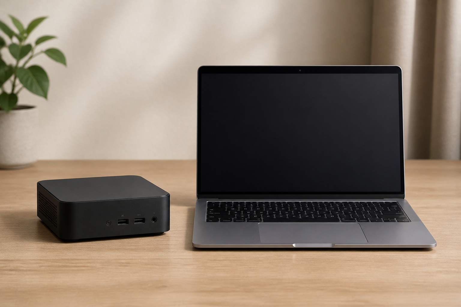 Mini PC and laptop side by side on a table