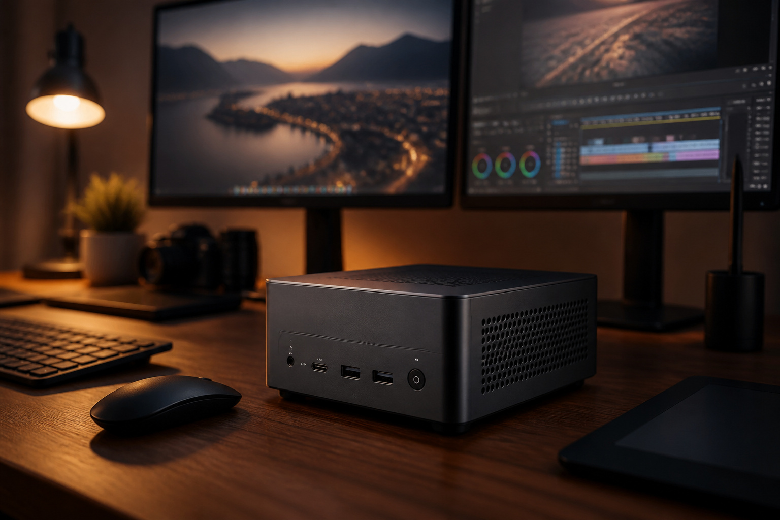 Compact mini PC on a creative desk with two monitors