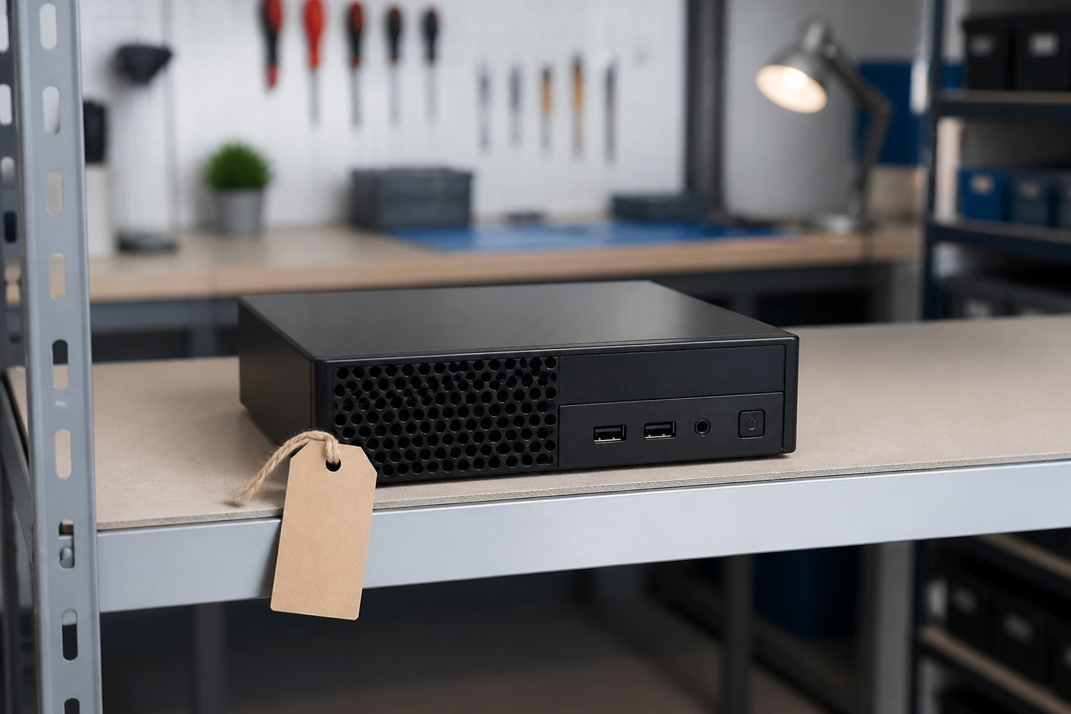 Refurbished business mini PC on a shelf