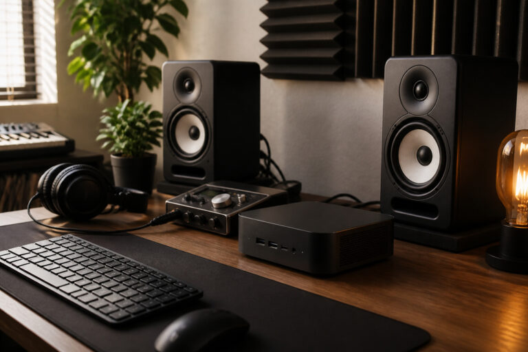 Home music studio with a mini PC, studio monitors and audio interface