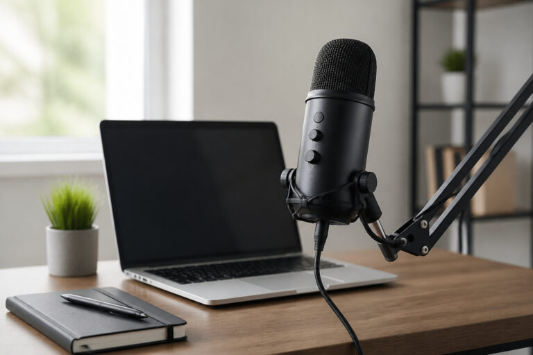 USB microphone on a boom arm at a tidy desk