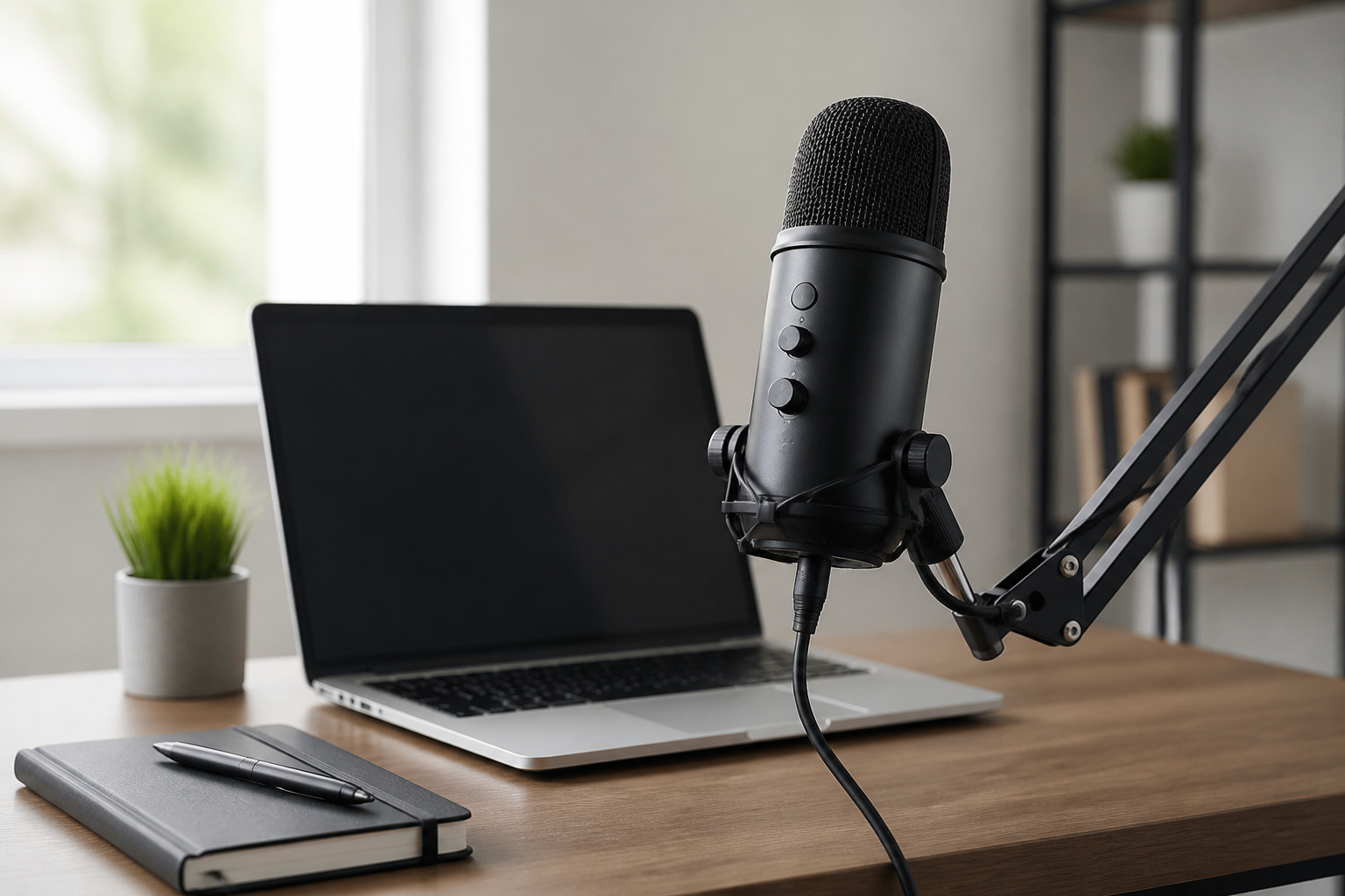 USB microphone on a boom arm at a tidy desk