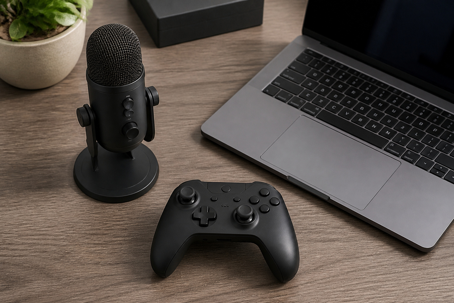 Microphone with a game controller and a laptop