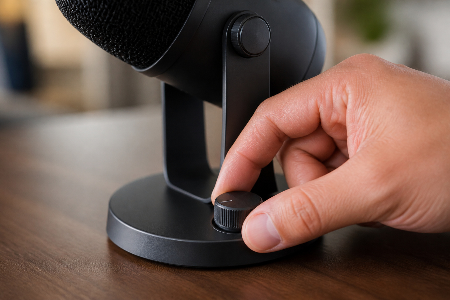 Hand adjusting a gain dial on a microphone