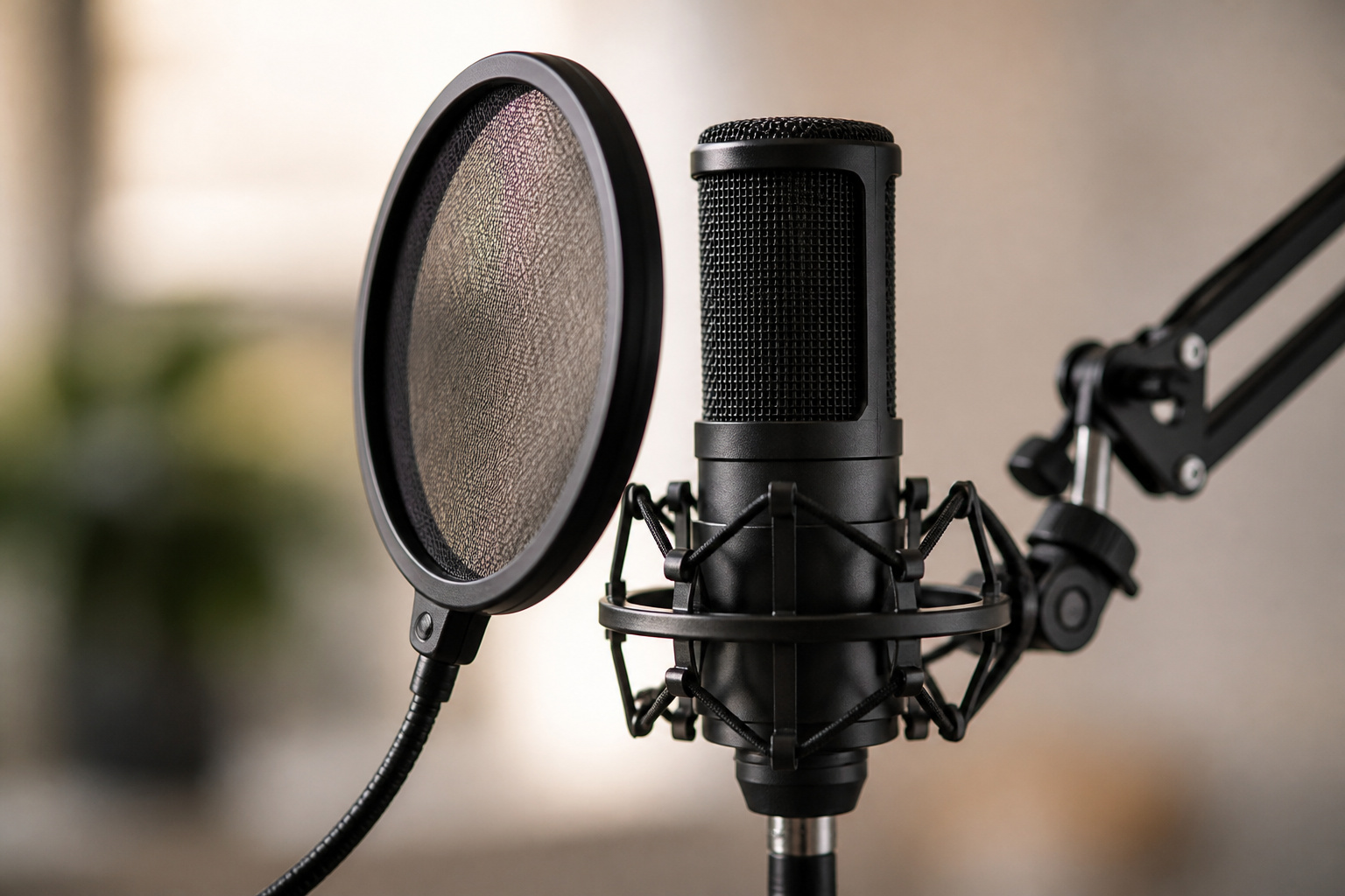 Microphone in a shock mount with a pop filter