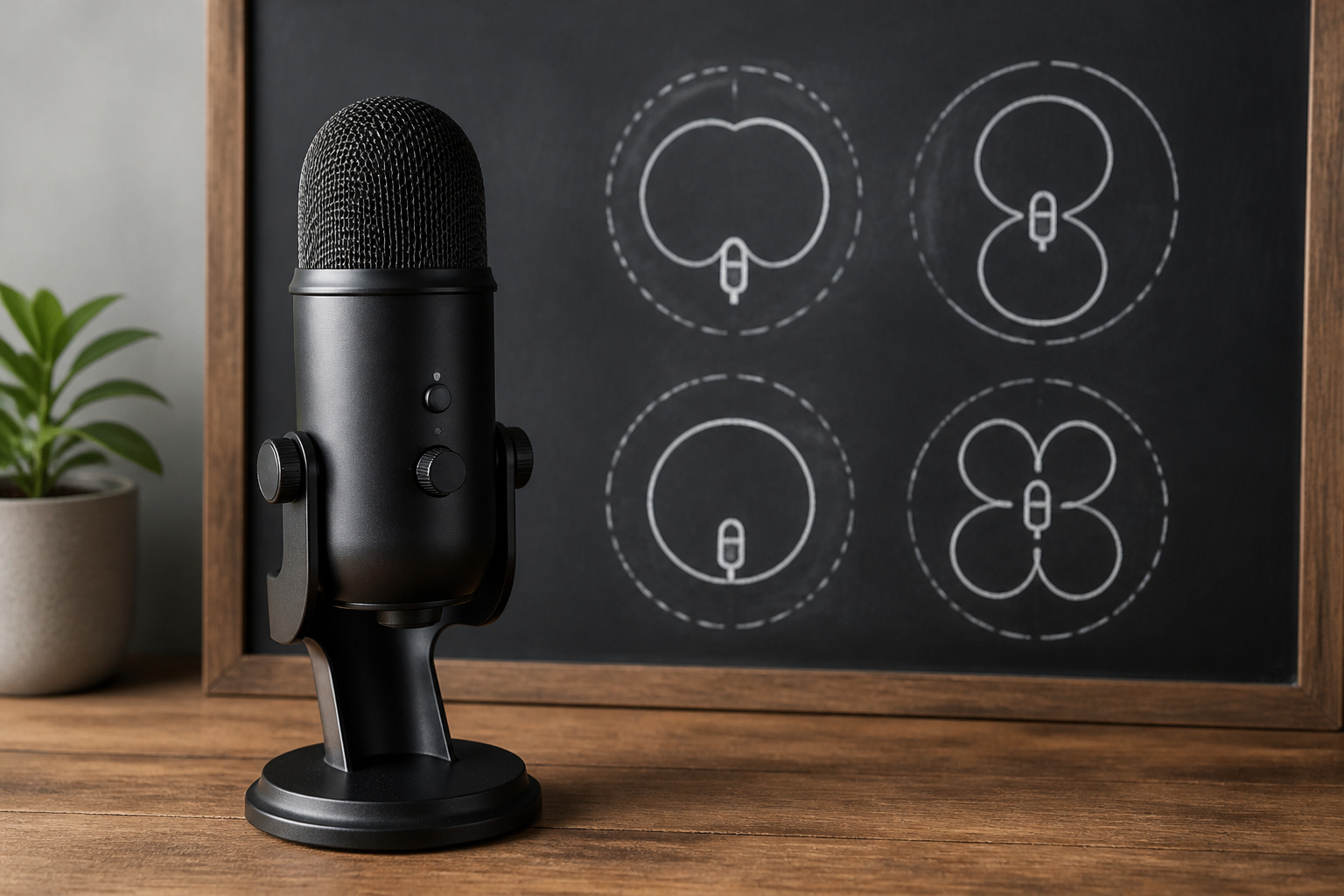 Microphone with a pickup pattern diagram behind it