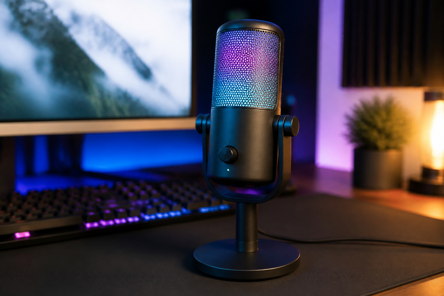 Microphone with colorful lighting on a streaming desk