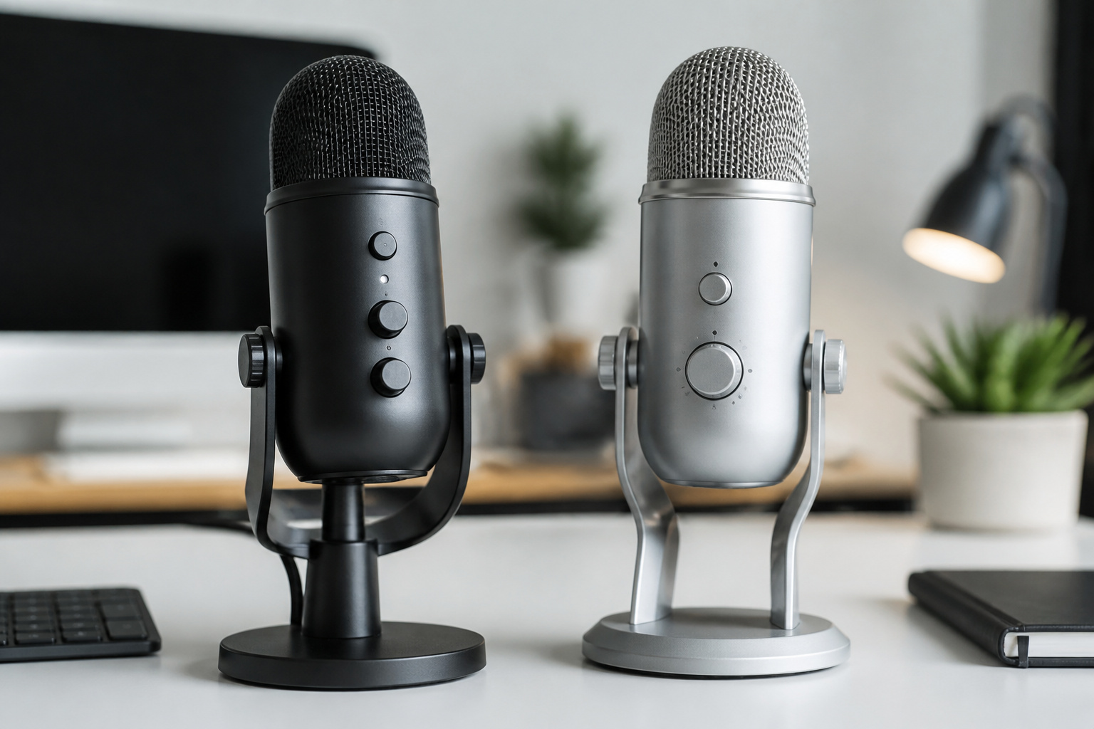 Two desktop USB microphones side by side