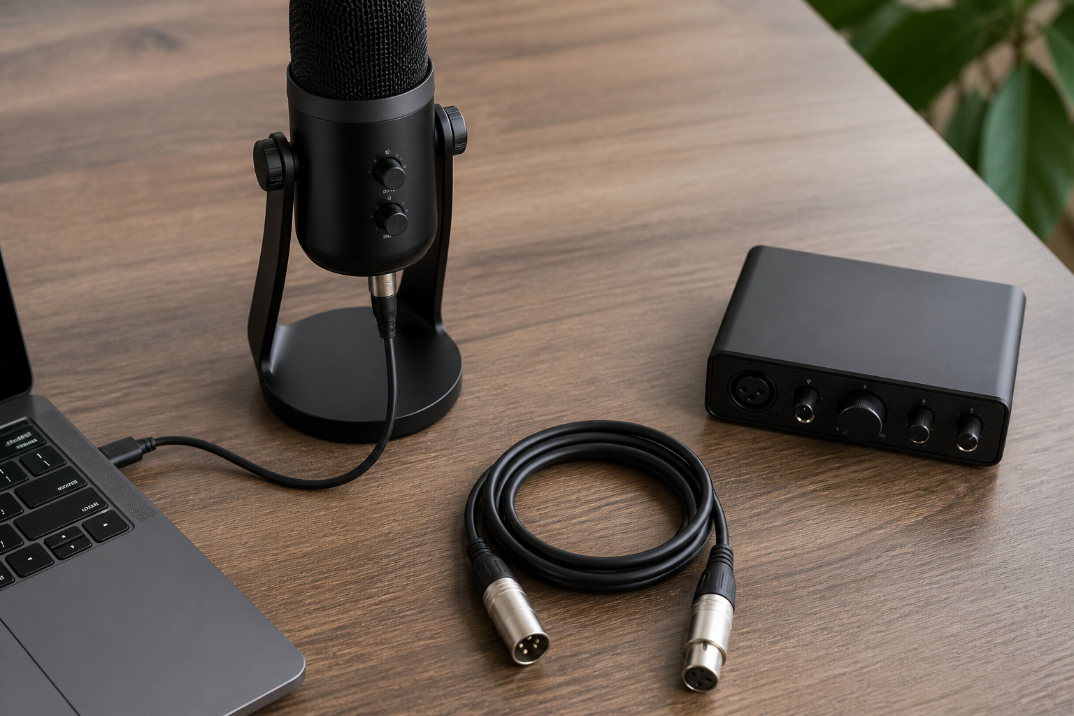 USB microphone beside an XLR cable and audio interface