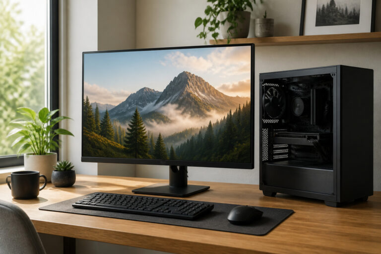 Modern desktop PC with a large monitor on a tidy desk