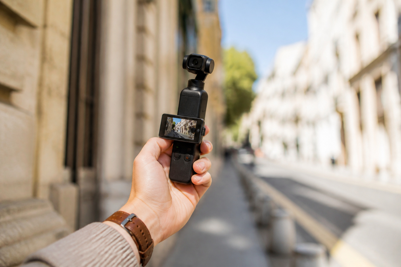Handheld pocket gimbal camera on a sunny city street