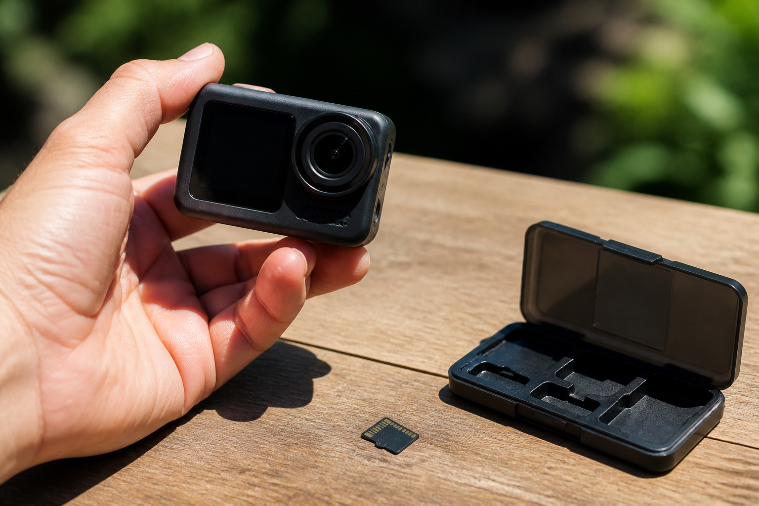 Small camera and microSD card in bright sun